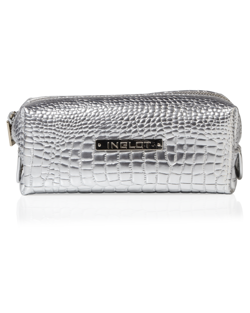 Kosmetiktasche mit Krokodilleder Muster Silber Klein (R24393)